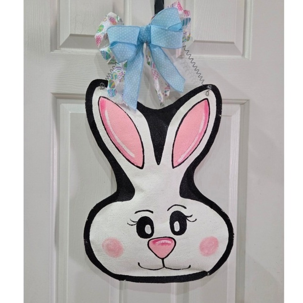 Huge Easter Bunny Burlap Porch Decor Sign Pink‎ Ears Blue Ribbon Bow